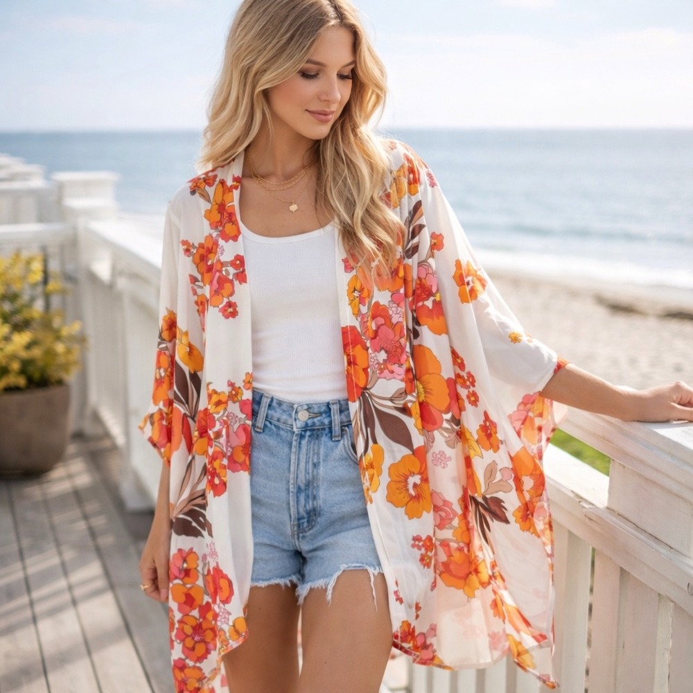 Floral Kimono Wrap Open Front‎ Summer Beach Coverup Orange Pink White Retro Boho